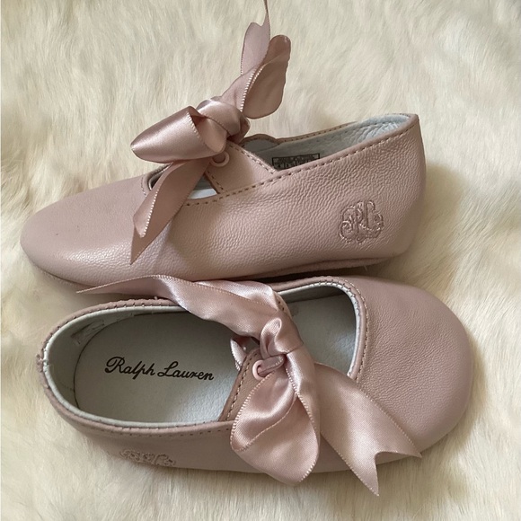 💗 RALPH LAUREN Pink Lambskin Ballet Flats with Satin Bow EUC Baby Shoes - Picture 3 of 11
